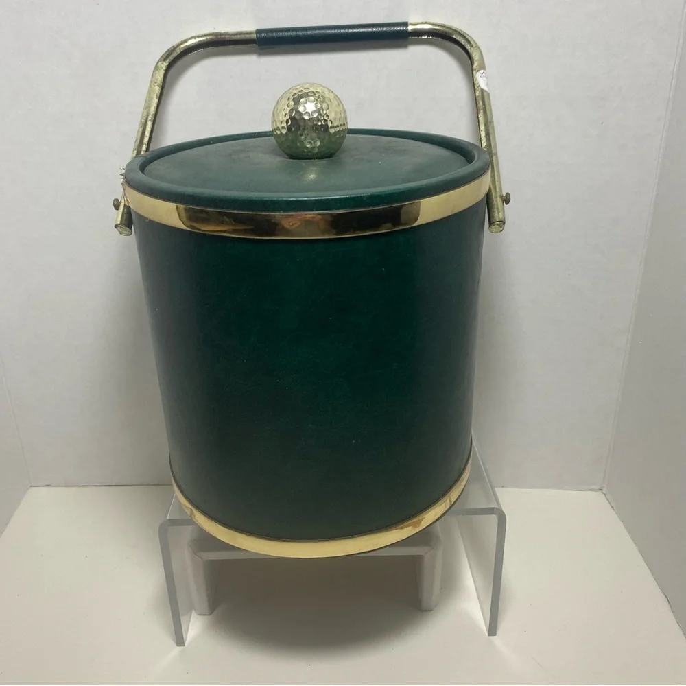Vintage Green Faux Leather Golf Retro Regency Style Ice Bucket